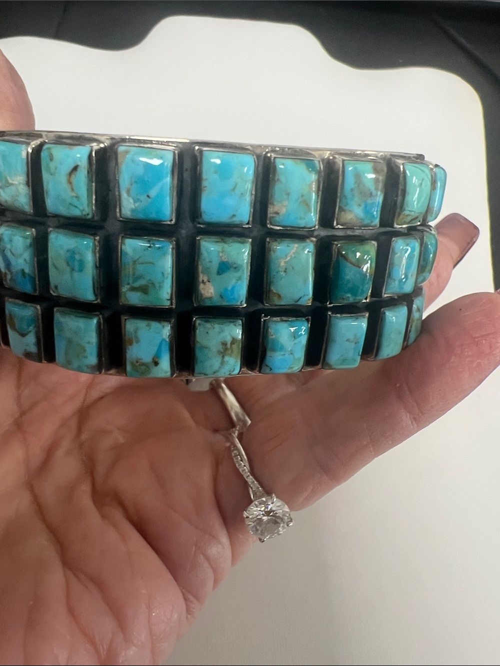 Sterling silver Turquoise Square Stone Cuff Bracelet - Women Jewelry - Picture 2 of 15